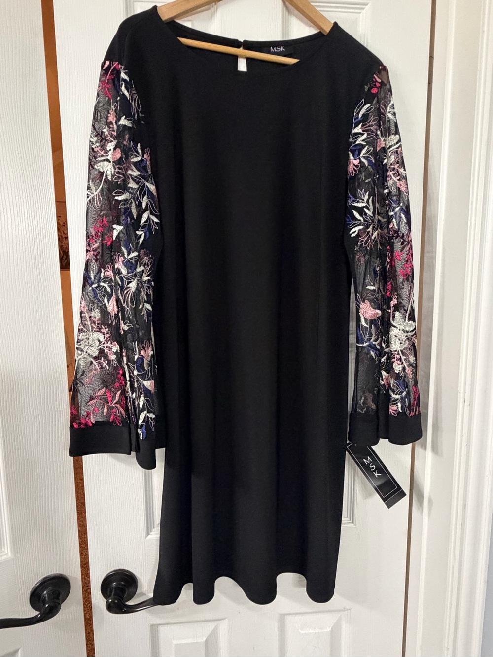 MSK Black Shift Dress with Floral Embroidered Sheer Sleeves
